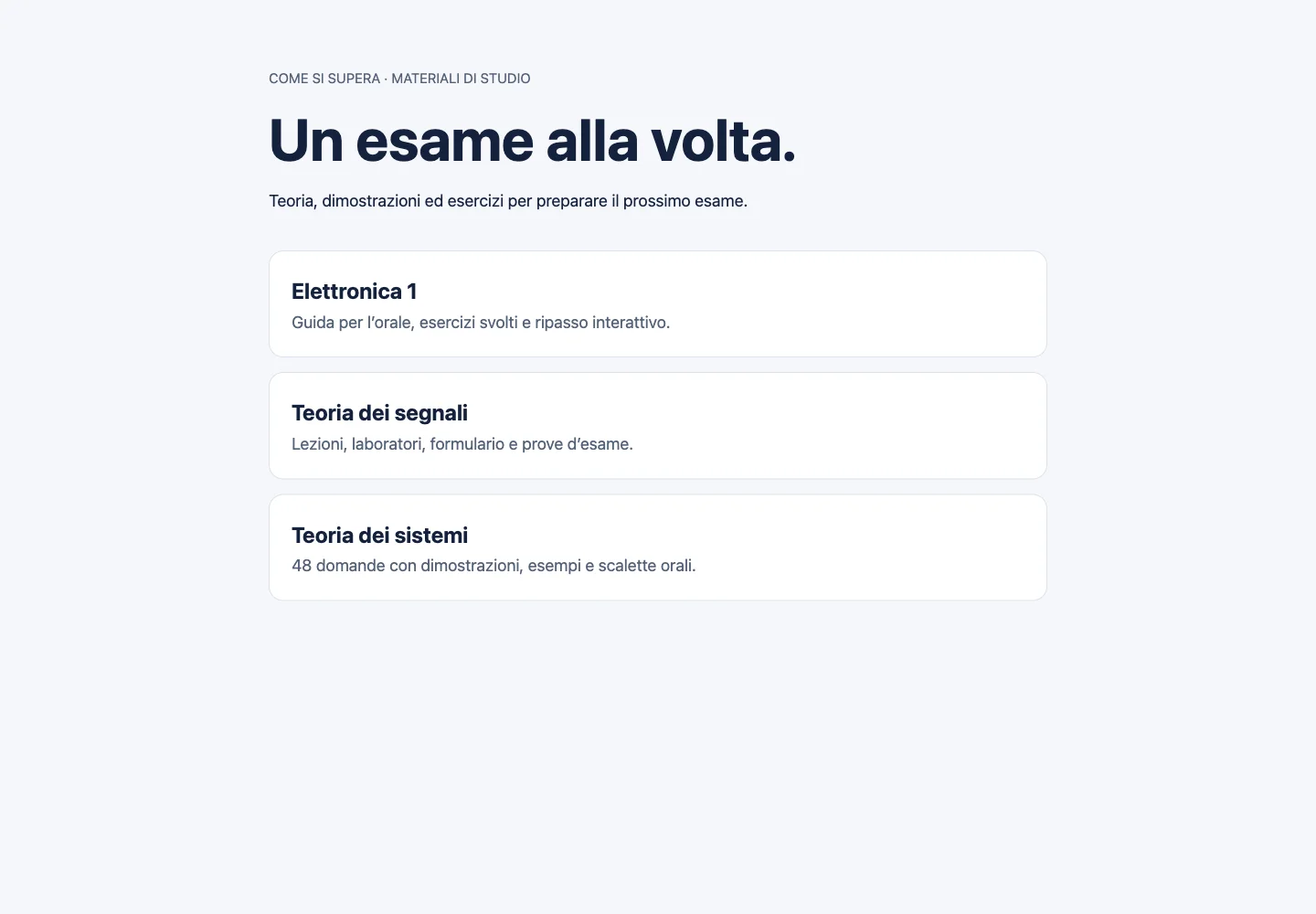 ComeSiSupera homepage with the three subjects: Electronics 1, Signals Theory and Systems Theory